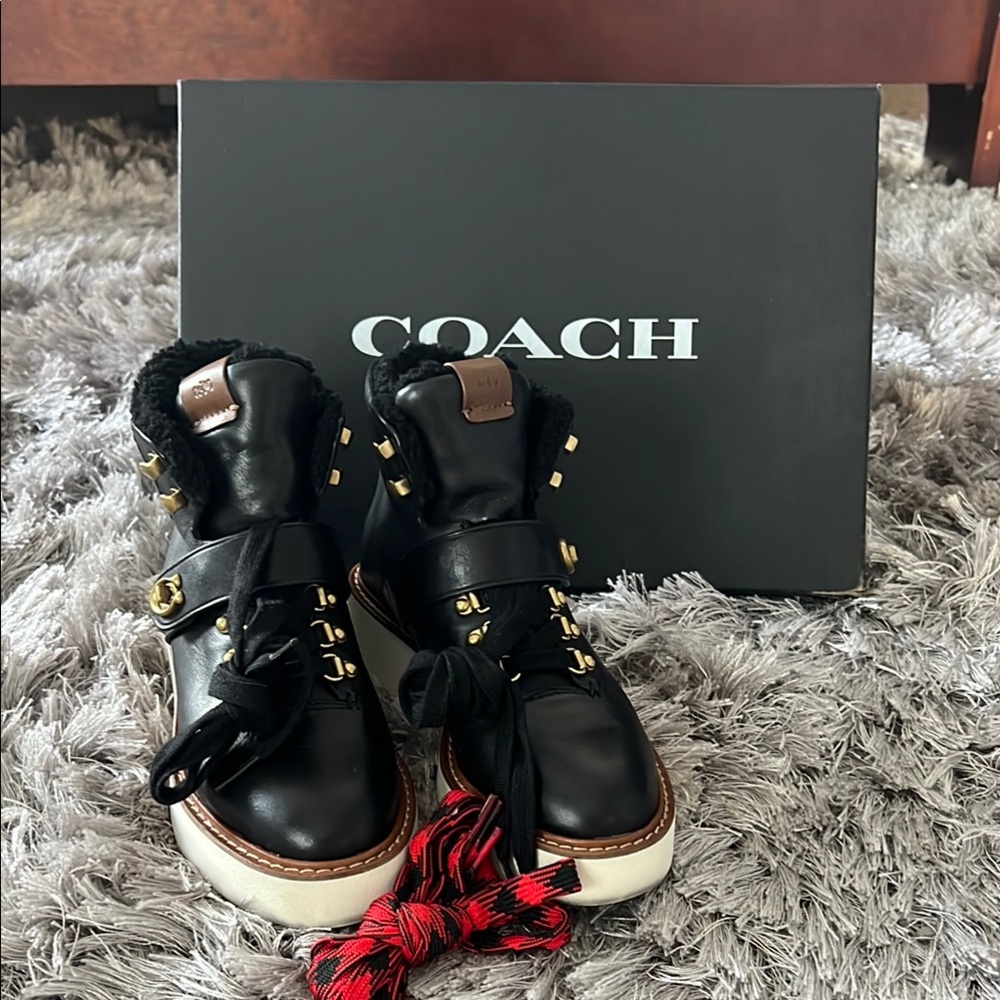Coach Black and White Boots with Gold Accents